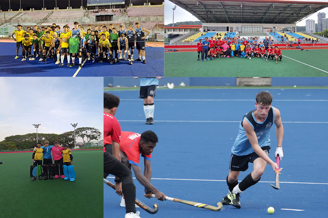 A montage of hockey photos showing the team playing hockey and posing for photos with opposition teams