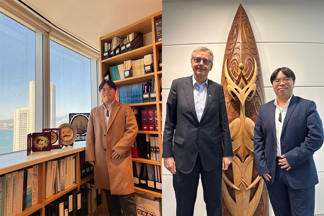Two photos: one with Ryan standing in an office, the other of Ryan standing beside a sculpture with Z Consulate-General to Hong Kong, Mr Peter Lund