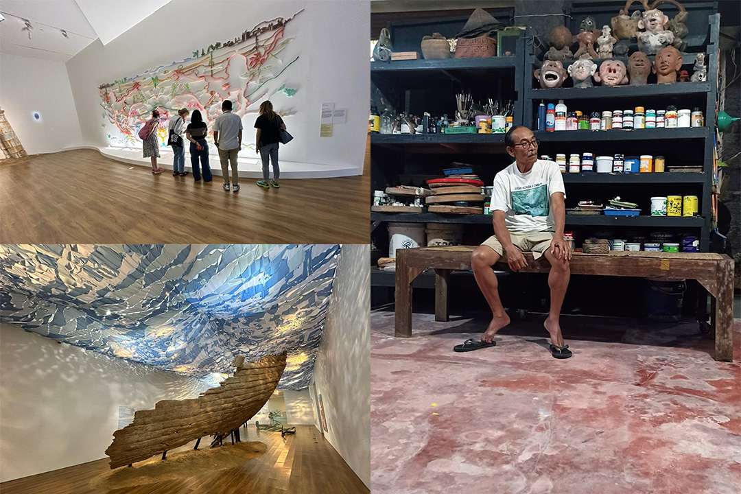 A montage of three photos showing gallery exhibits and an artist sitting in his studio