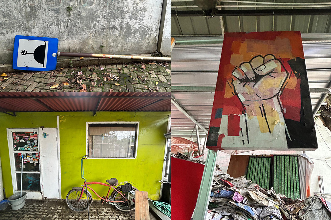 SA montage of three photos of scenes on the streets of Jakarta: a street sign lying on its side, a chopper bicycle and a painting of a clenched fist