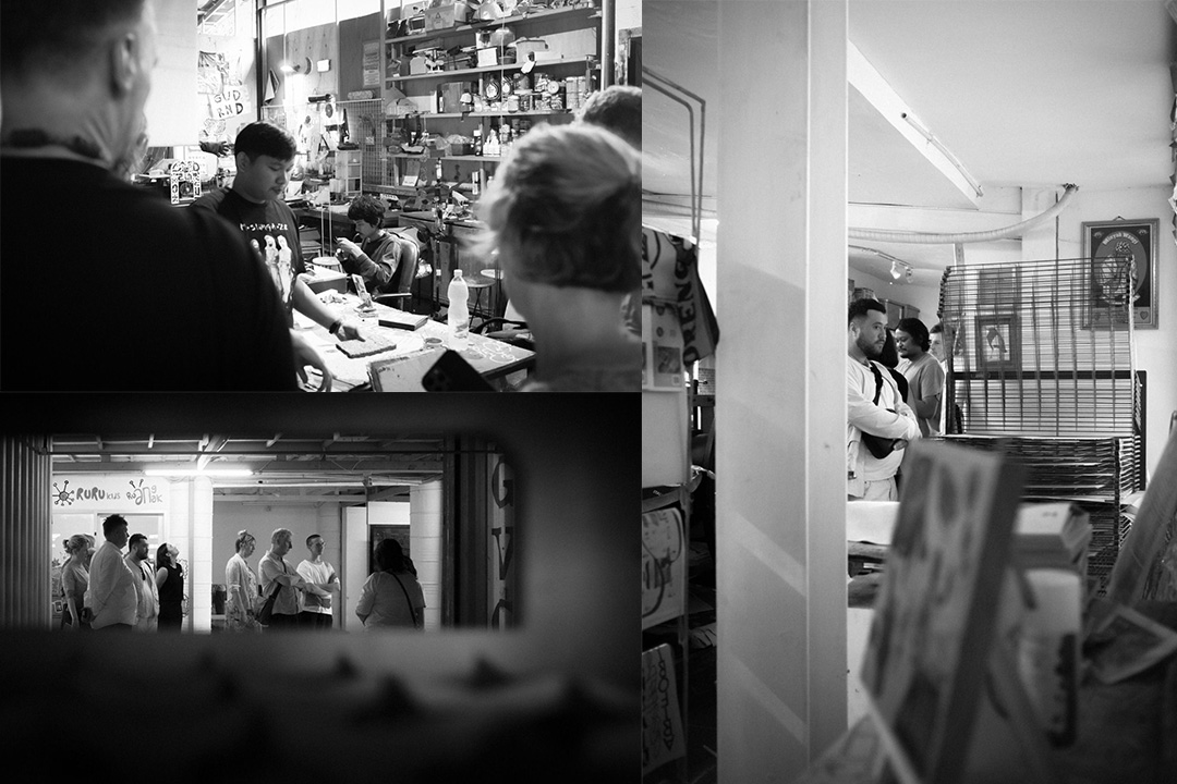 A montage of three photos showing the curators visiting collective Gudskul in Jakarta