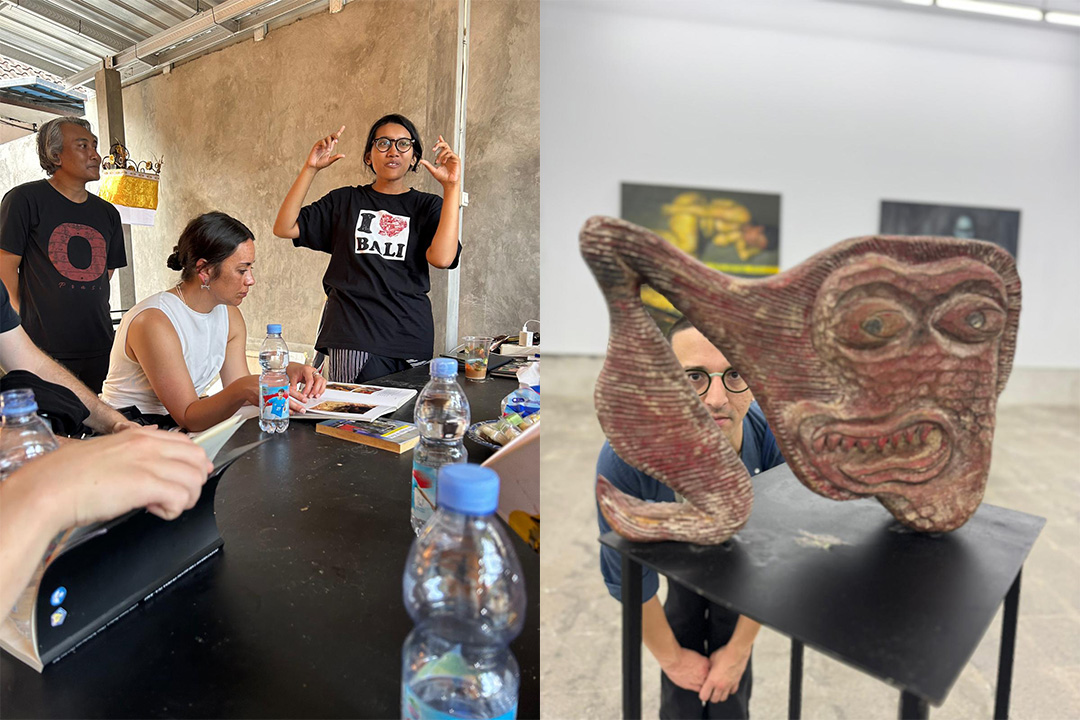 Two photos, one showing a woman talking to a group sitting at a table and the other a man at a gallery looking through a sculpture at the photographer