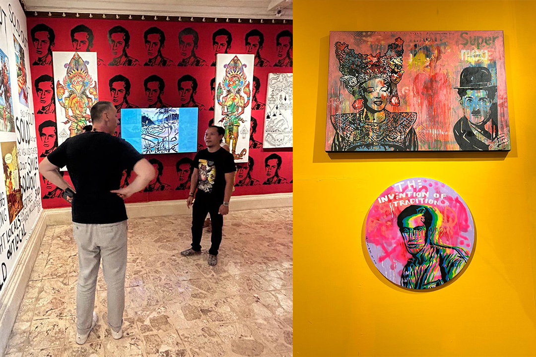 Two photos: one of two people chatting in a gallery, the other of two works of art hanging on a wall