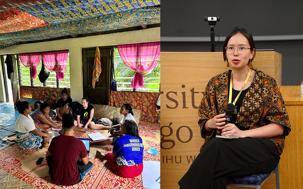Two photos: one showing a group of women sitting on mats, the other Katja sitting on stage with a microphone in her hand