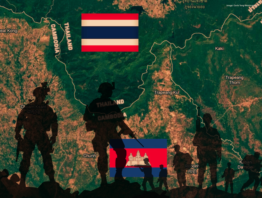 A graphic showing the flahs of Thailand and Cambodia and silohettes of solders overlaid over a map of the Thai-Cambodia border
