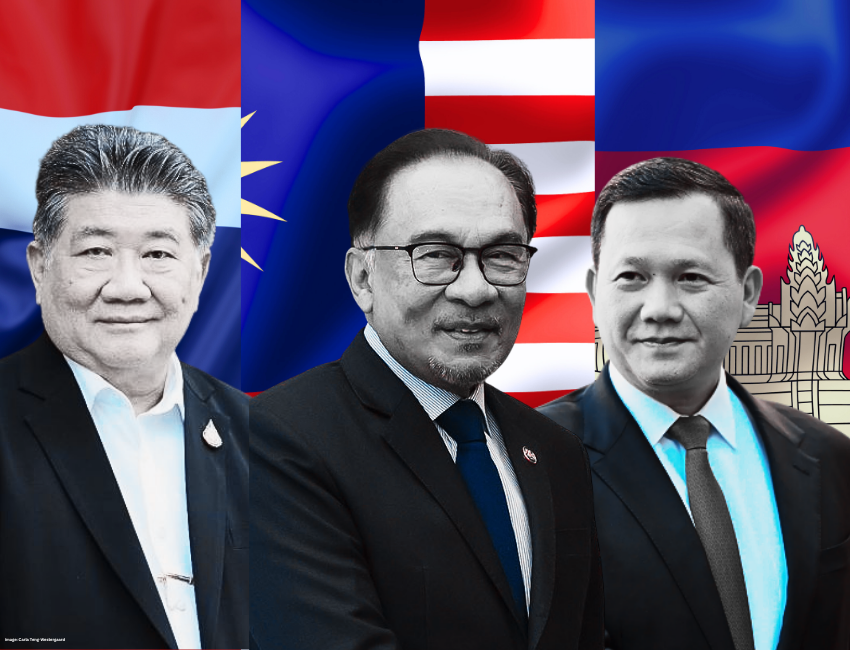 Cambodian PM Hun Manet,  Thai Acting PM Phumtham Wechayachai and ASEAN Chair PM Anwar in front of their respective country flags