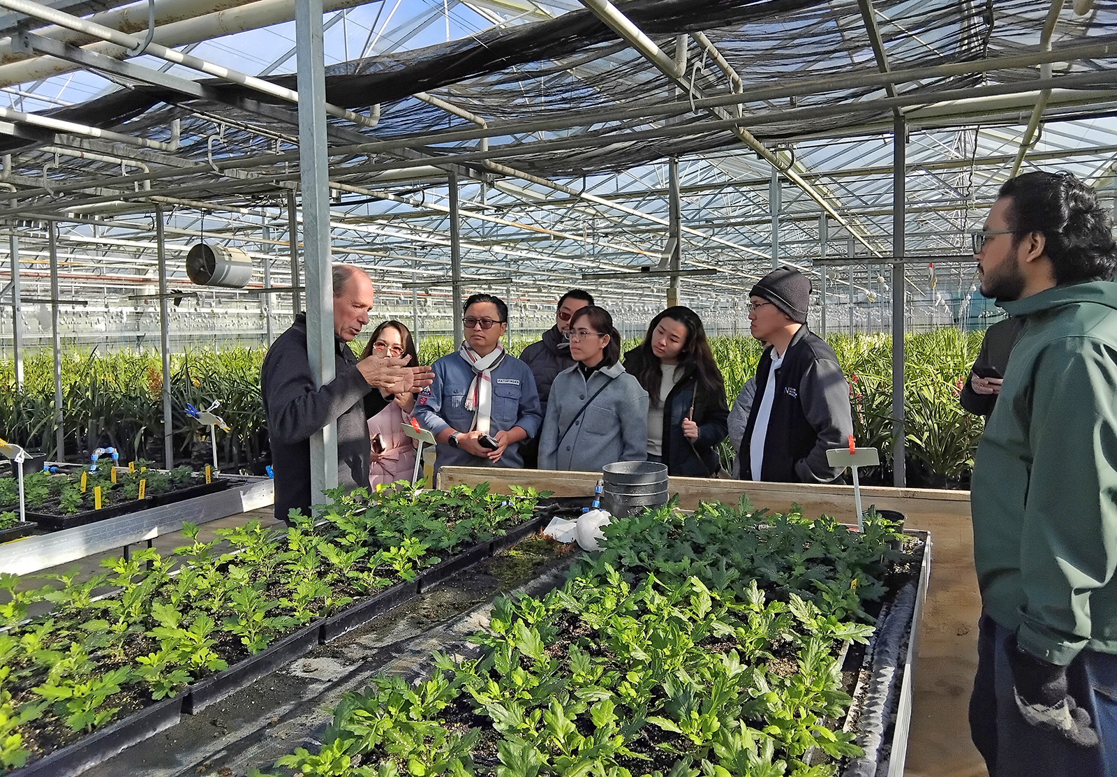 The entrepreneurs standing in a large greenhouse listening to a man talking
