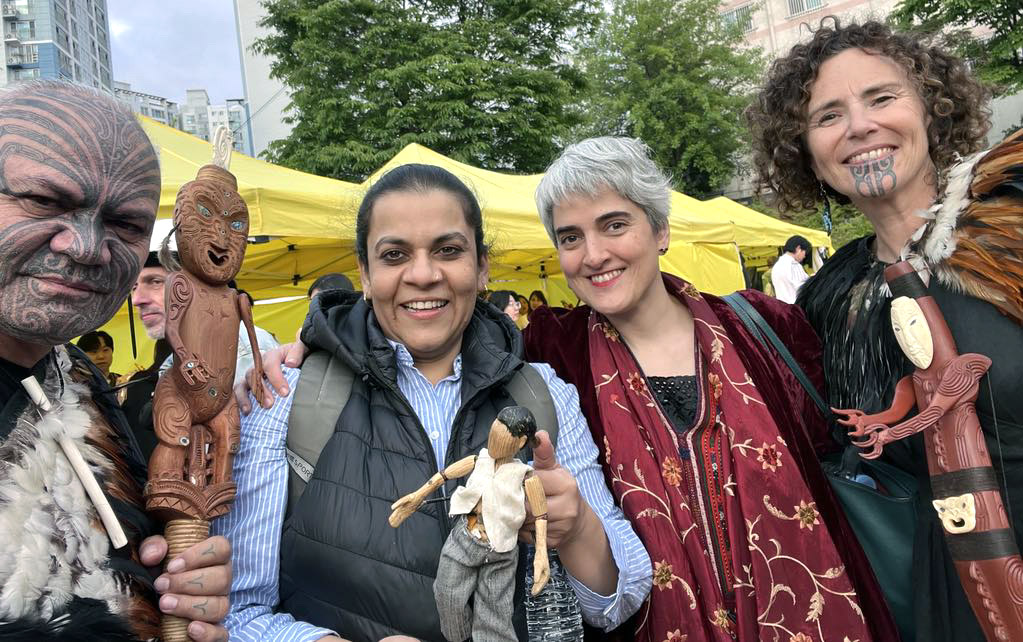 James Webster (left) and Hinemoa Jones (right) with puppeteers Anurupa Roy (India) and Narguess Majd (France) holding puppets