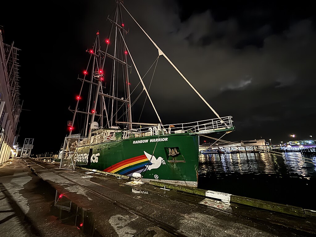 The Rainbow Warrior ship docked at Queens Wharf in Auckland in 2025