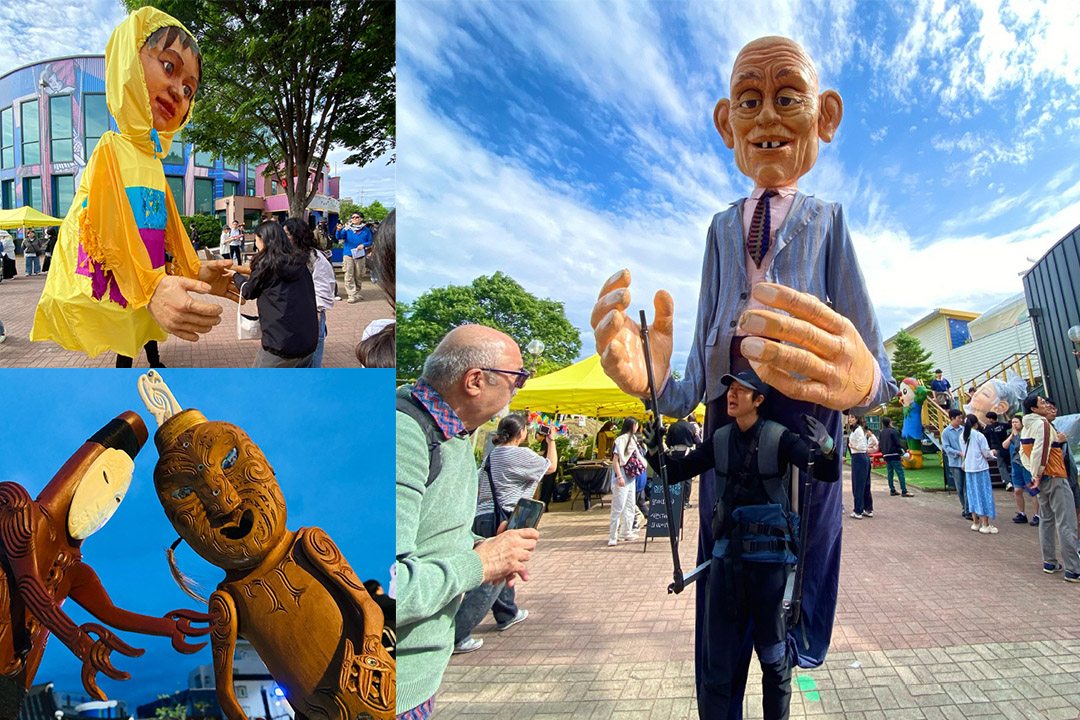 Three images showing various large puppets: a larger than life child in a yellow raincoat, a larger than life puppet of a tall man in a suit and two Maori puppets