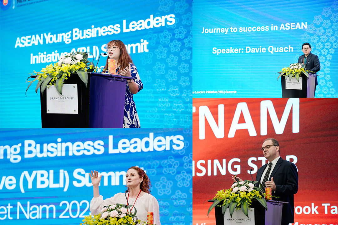 A montage of four photos of speakers speaking at a dias