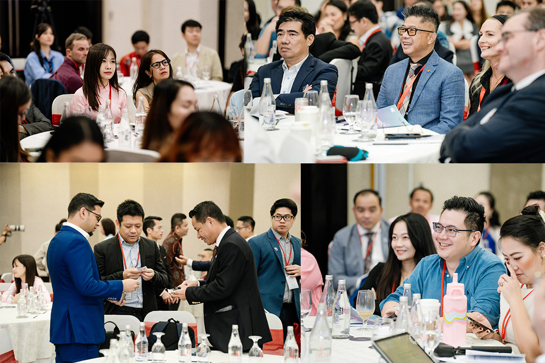 A montage of four photos showing delegates listening to speakers and chatting among themselves