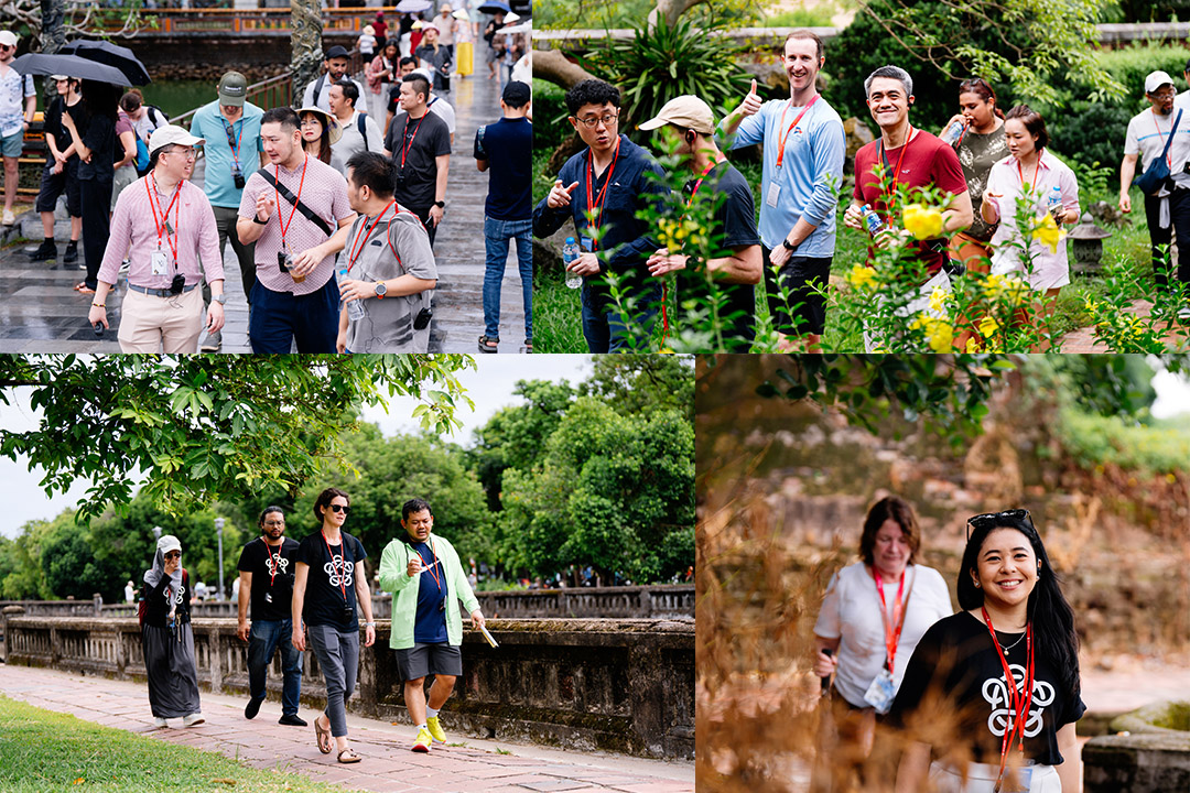 A montage of five photos of delegates out and about chatting and enjoying the sights