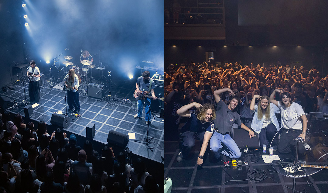 Two photos: One of There's a Tuesday performing on stage and another of them posing in front of an audience