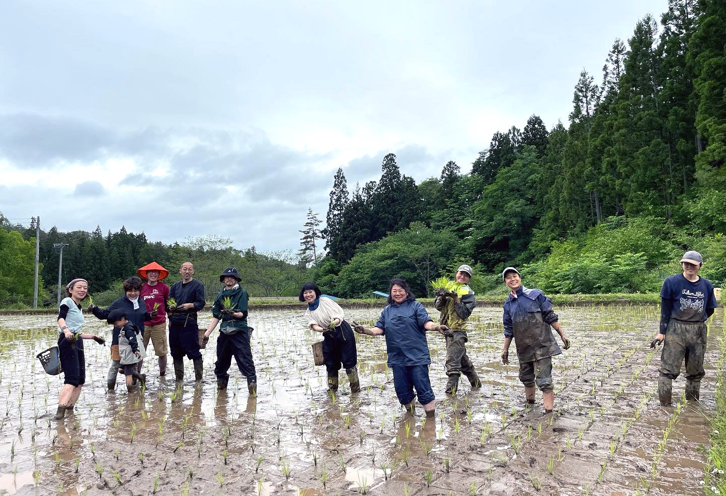 Ten people standing in a paddy field posing for a photo