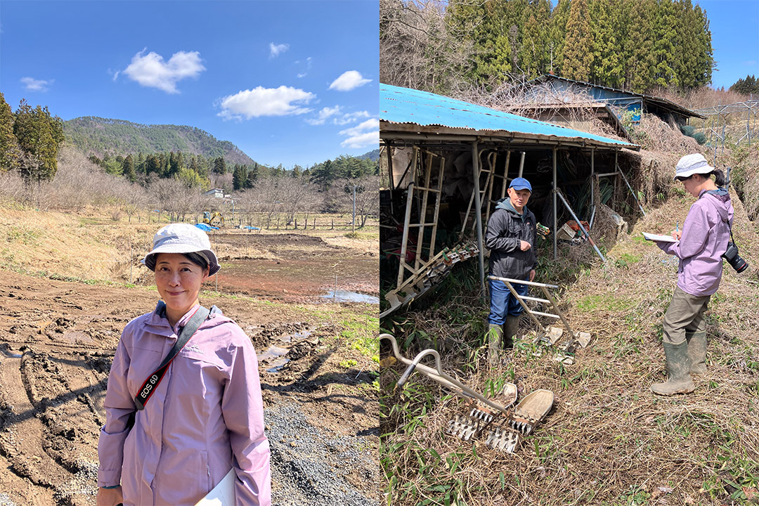 Two photos: Yuki posing for a photo outside and another photo of Yuki taking notes as she talks to Toru who is standing inside an old lean-to.