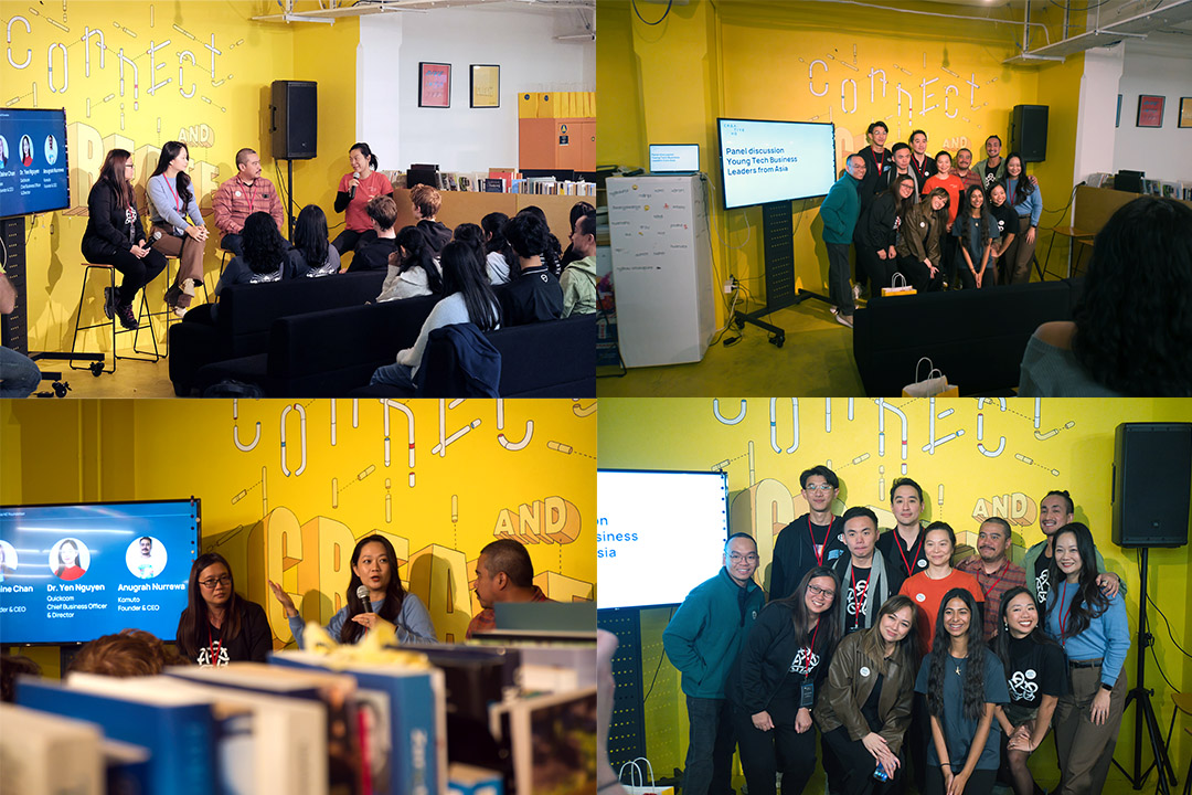 Four photos of the entrepreneurs speaking at an event in a yellow room or posing for group photos