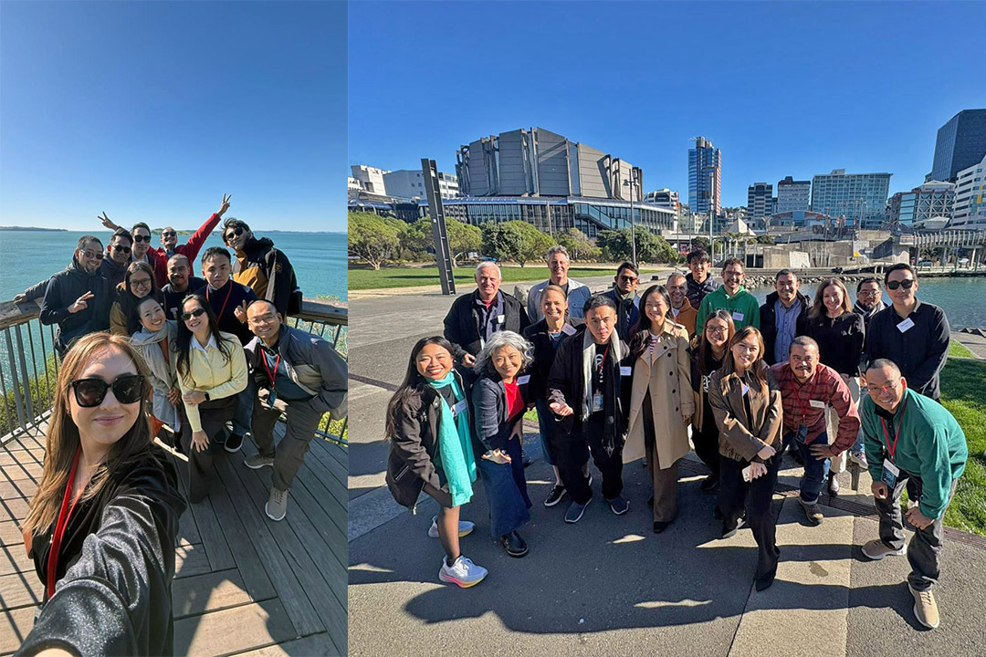 Two photos of the entrepreneurs posing at scenic spots; one of them a selfie by the sea, and the other a group shot on the Wellington waterfront