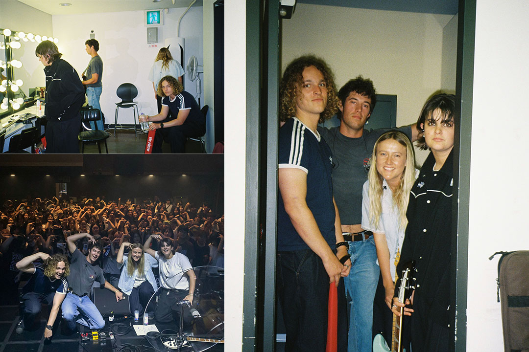 Three photos: two showing the band preparing to go on stage and the third of them posing in front of an audience