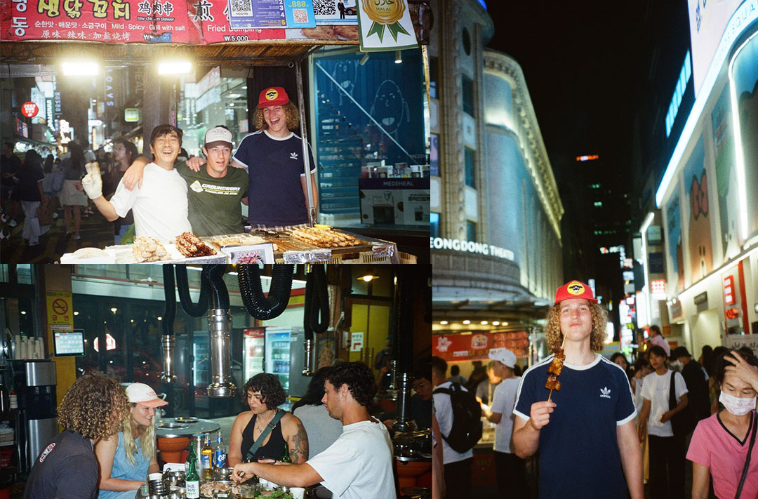 Three photos of the band out and about eating food in Seoul