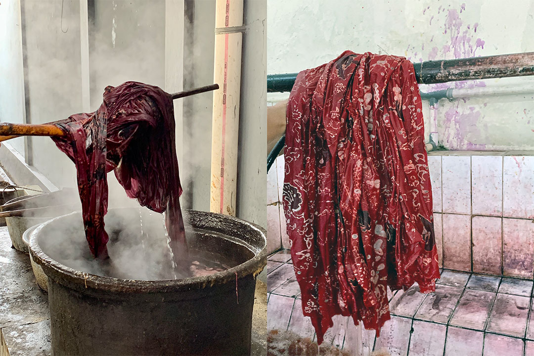 Two photos showing a piece of red cloth being removed from a bucket and the same cloth hanging on a piece of bamboo
