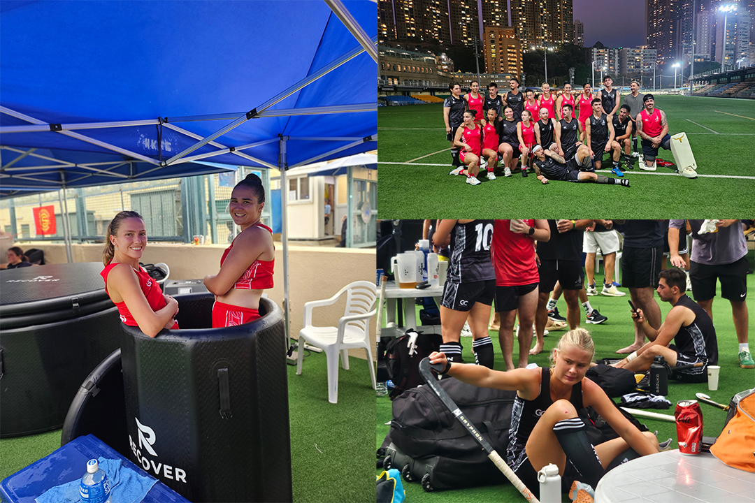 A montage of three photos showing the teams on the hockey turf
