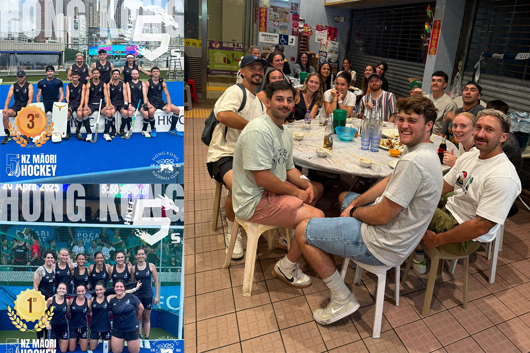 A montage of three photos: two showing each of the teams with their medals and a third the players eating at an outdoor restaurant