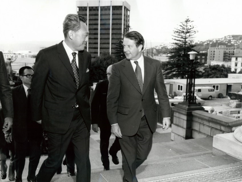 Prime Minister of Singapore Lee Kuan Yew with Prime Minister New Zealand Bill Rowling walking up the steps of Parliament in Wellington