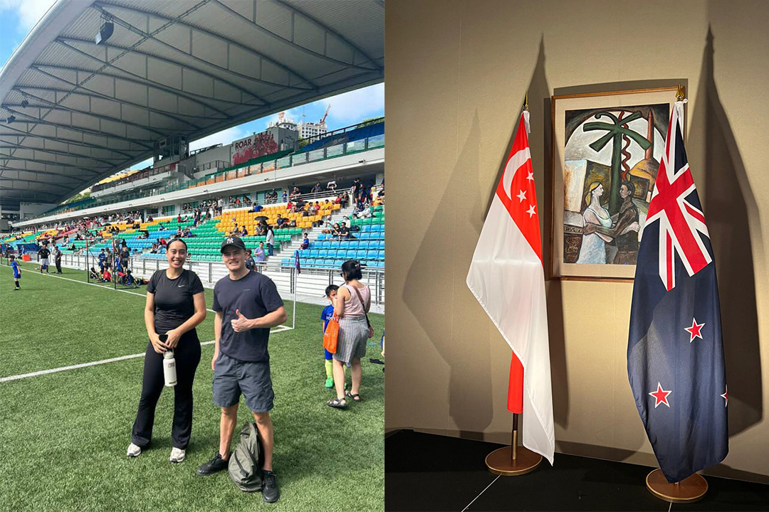 A montage of two photos: one showing connor and a woman standing on the field of a stadium and the other showing the New Zealand and Singapore flags standing side by side in front of a painting