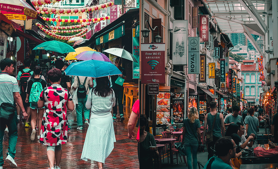 A montage of two photos  of people walking through a busy market