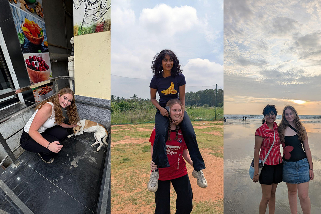 A montage of three photos, one of Alison with a dog and two of her with friends at scenic sites