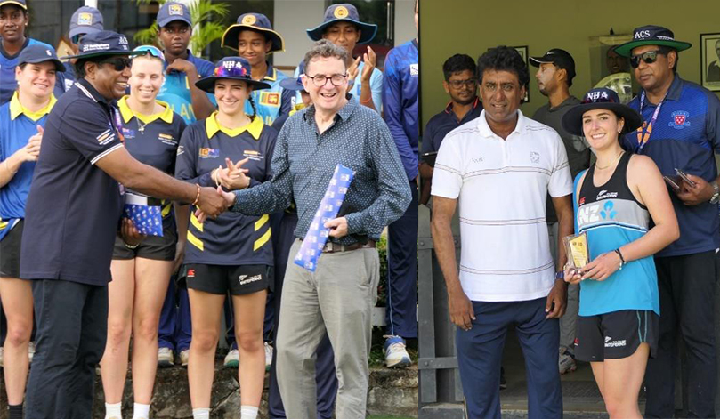 Two photos - one showing New Zealand High Commisioner David Pine presenting the team with gifts and the other showing one of the players with  former Sri Lankan Cricketer Rumesh Rathnayake