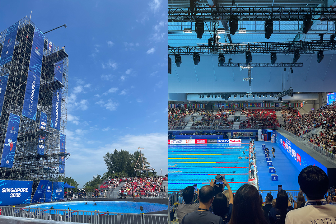 Two photos: one of an outdoor high-dive platform, the other of a crowd looking at swimmers in a pool
