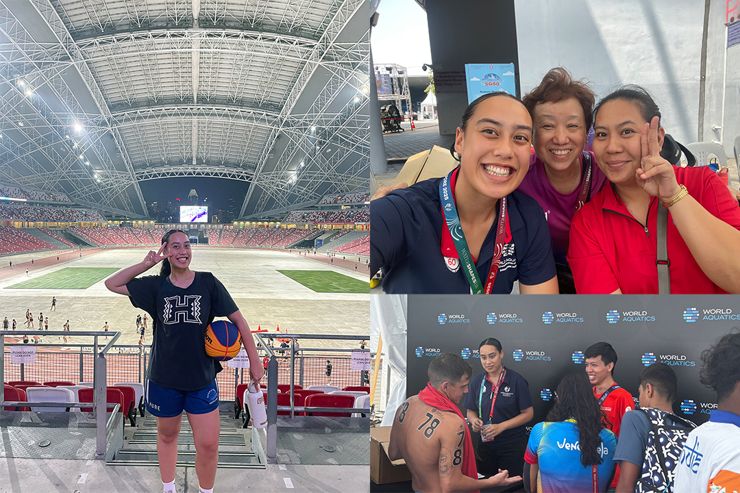 Three photos of Ana-Rachel at sports grounds in Singapore with athletes and staff