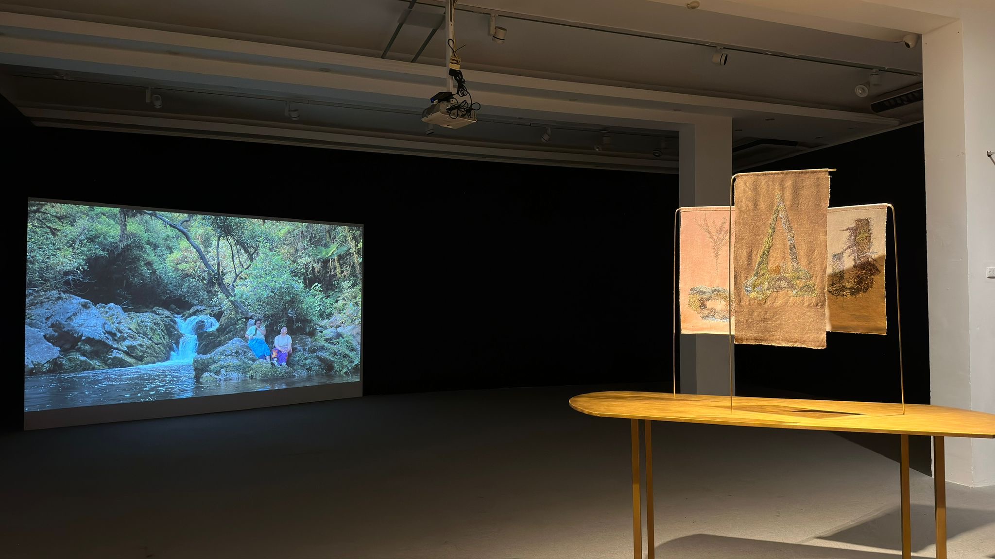 Two works of art in a gallery - one a projection of a stream and small waterfall, the other muted-coloured fabrics with patterns on them