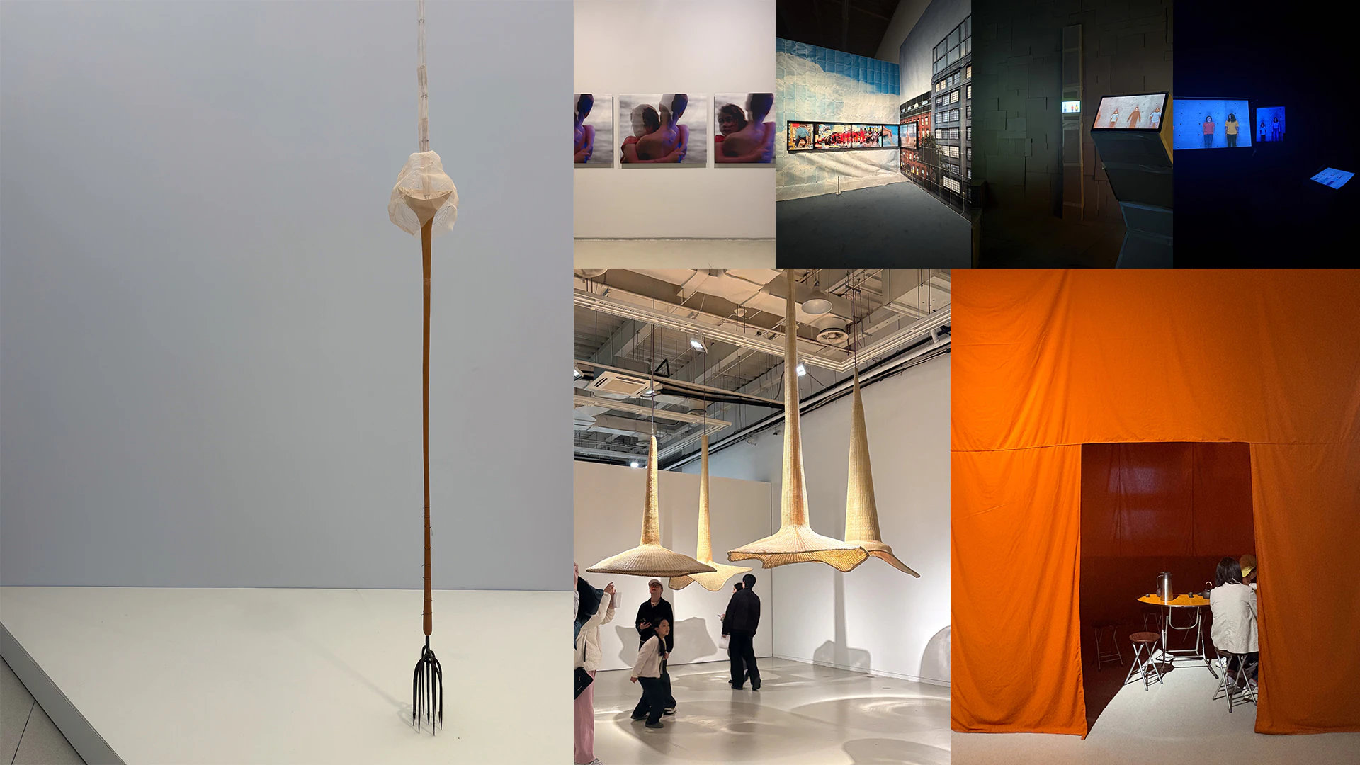 A montage of photos showing artworks from the Shanghai Bienale