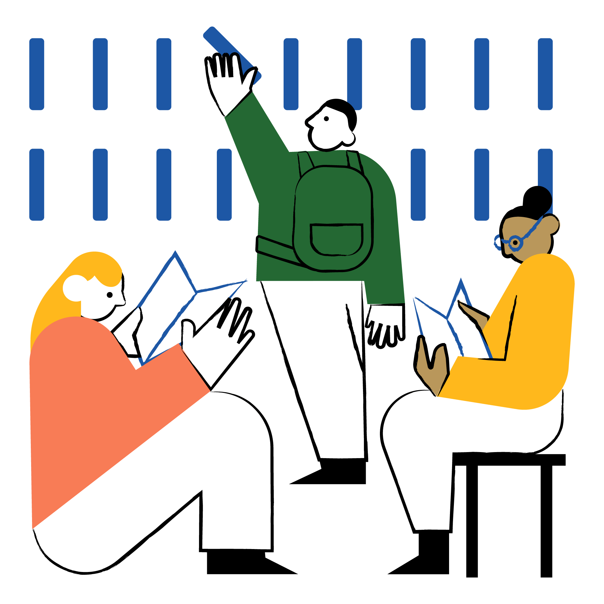Students reading and choosing books in a library (illustration)