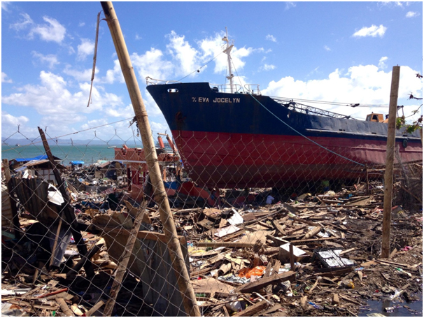 A huge ship transported and dumped by the storm surge