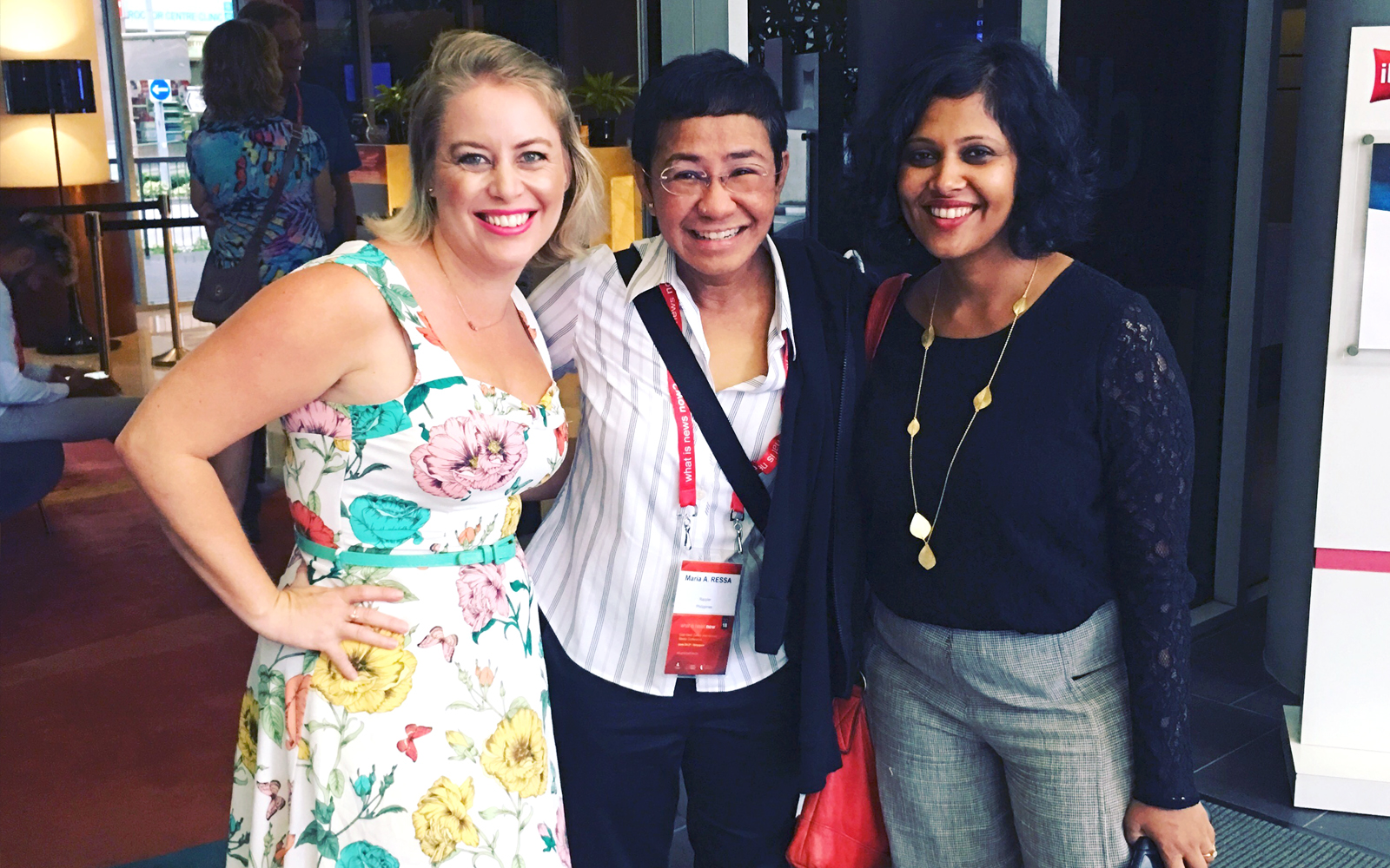 Katie Bradford, Maria Ressa and Sunetra Choudery in Singapore