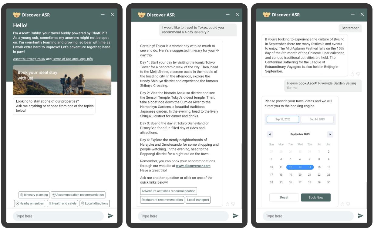 Three phone screenshots showing an AI chatbot providing written travel advice for Tokyo.