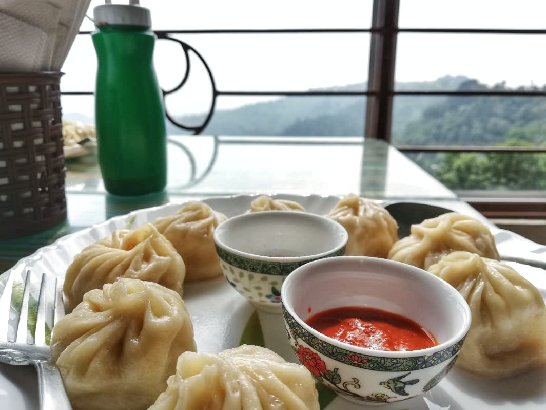 A plate of dumplings with two small bowls of dipping sauce sit at a table that overlooks some green bushes