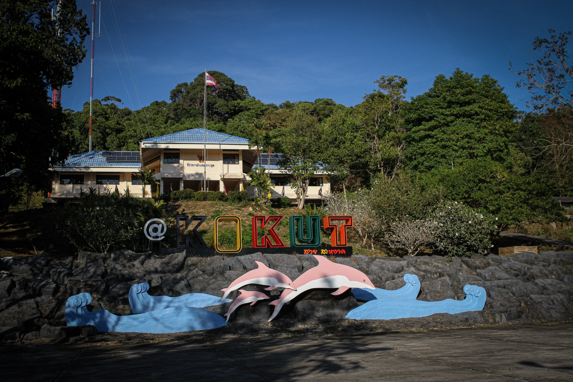 An administration building set in greenery with a colourful mural of dolphins painted on a wall in front of it