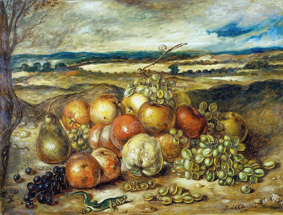 De Chirico G.Vita silente di frutta in un paese