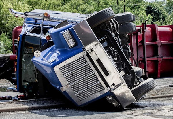 An 18-wheeler flipped on it's side