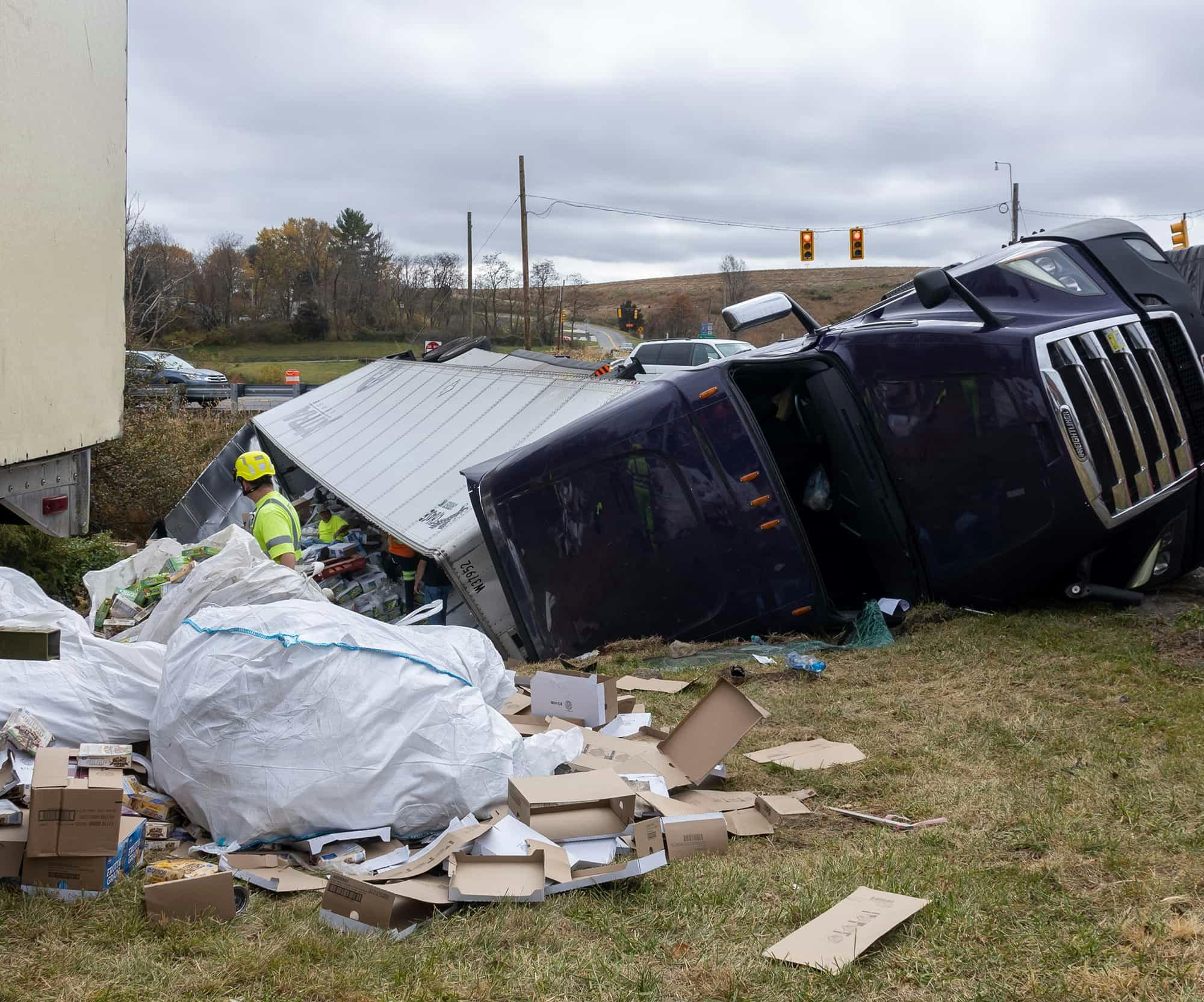 A semi-truck flipped over in a crash
