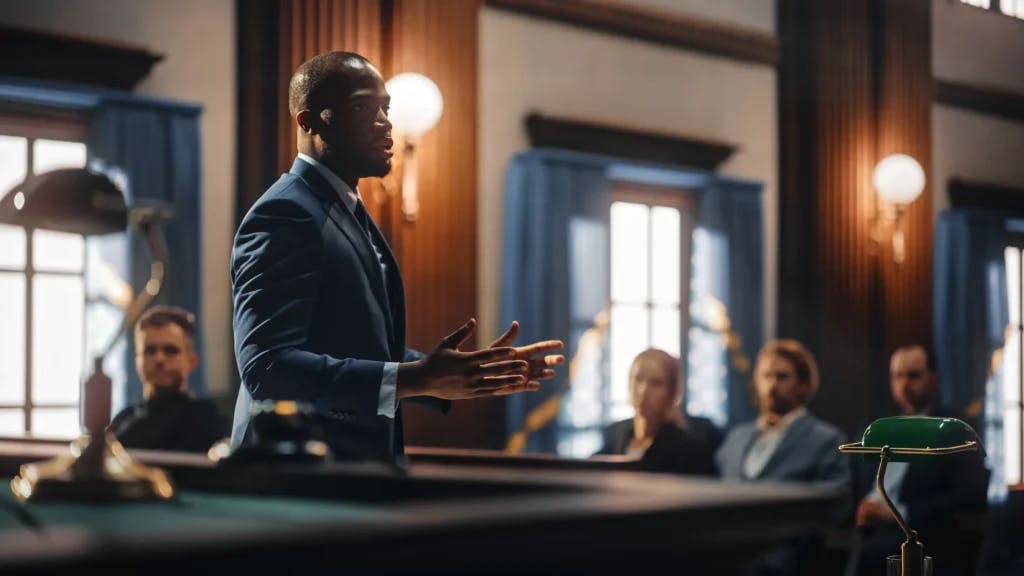 Attorney speaking in a courtroom.