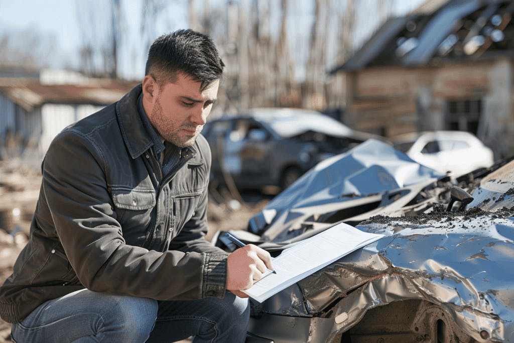 Insurance adjuster looking at a totaled car.