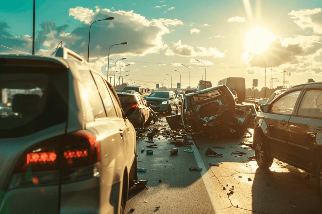 Pile up car accident on sunny day.