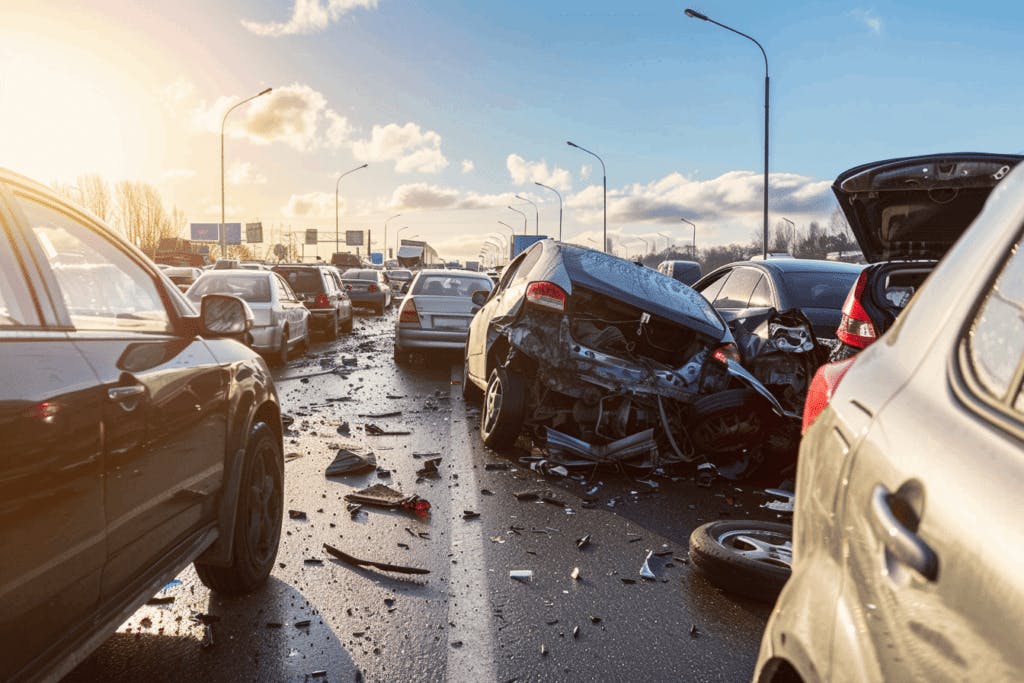 Pile up of cars on a highway.