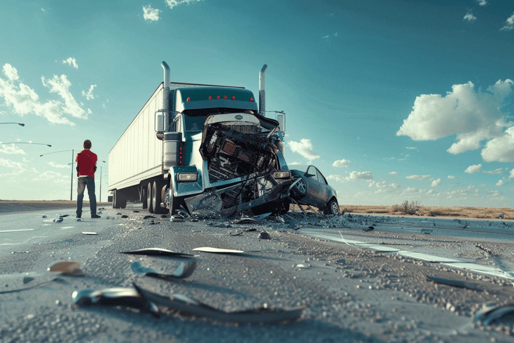 Man staring at a truck that hit his car.